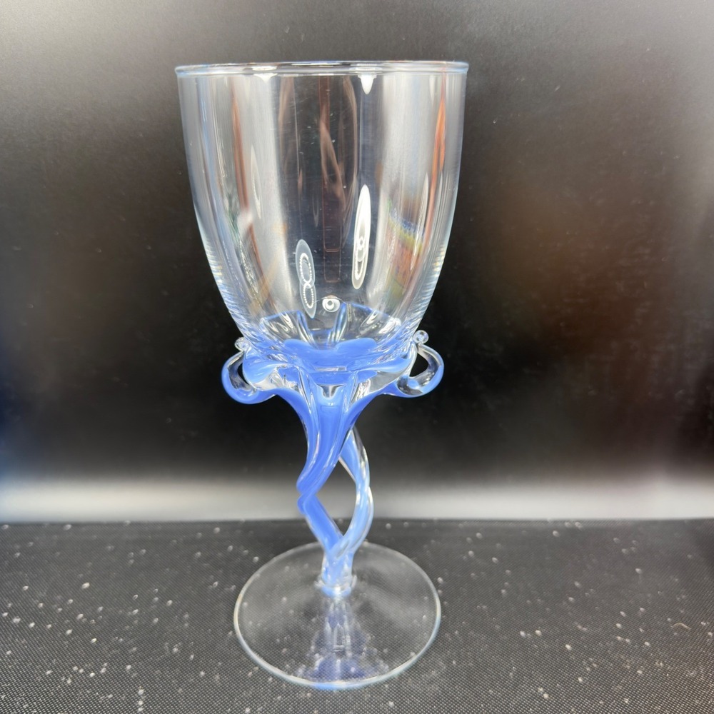 Josefina‎ Krosno Goblet Periwinkle Blue Twisted Stem Scrolled Hand Blown Glass